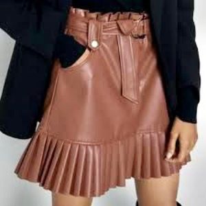 Zara Brown Faux Leather Pleated and Belted Skirt